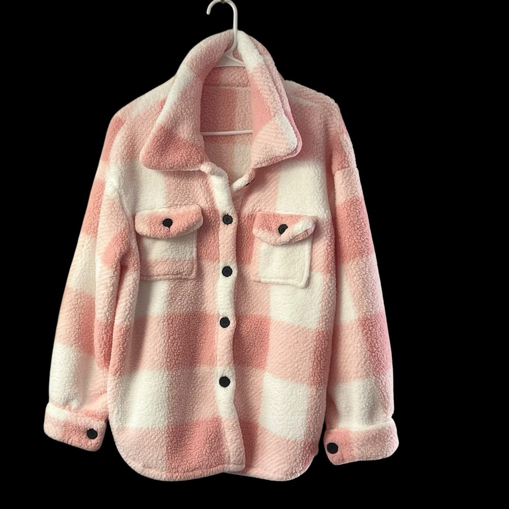 Women's Plush Shacket Size Large Pink White Cozy Loungewear Jacket‎ - Picture 2 of 6